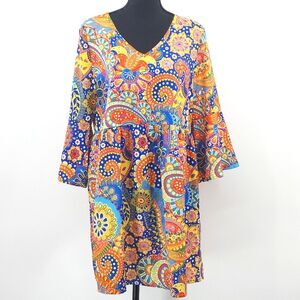 Noracora Babydoll Dress Size Medium Colorful Paisley Retro 70s Bell Sleeves Boho